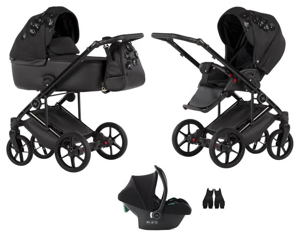 Czarny wózek 3w1 - Natoni Vespa BLossom Licorice - – elegancki zestaw z gondolą, spacerówką i fotelikiem Cosmo i‑Size